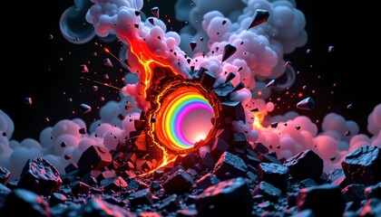 Fototapeta premium The image depicts a dramatic explosion in a dark environment, with debris and smoke billowing outward