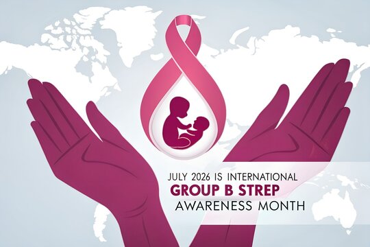 Pink ribbon symbol featuring a silhouette of a mother and baby held by protective hands against a world map background to signify the importance of international group b strep awareness.