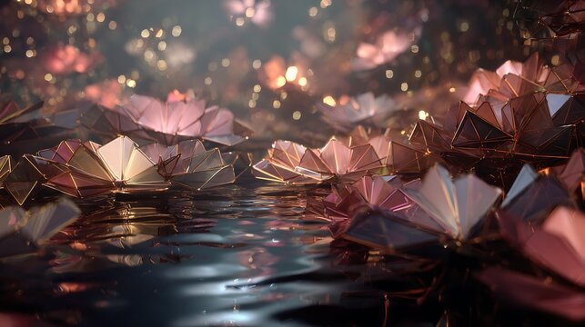 Ethereal crystal lotus flowers floating on a shimmering dark water surface with warm golden bokeh lighting with collection geometric crystal