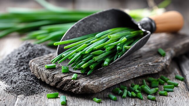 Freshly harvested green alliums rest in a rustic metal scoop atop weathered wood beside dark powder.
