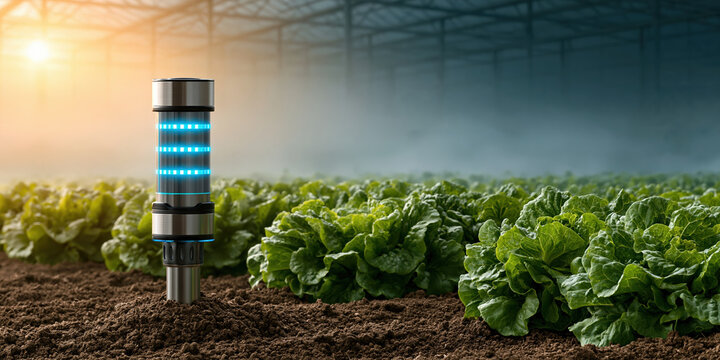 Precision agritech sensor monitors greenhouse lettuce growth with soft sunrise glow and moist