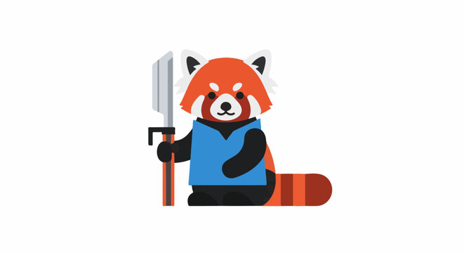 Red panda character wearing blue shirt, holding a stylized polearm