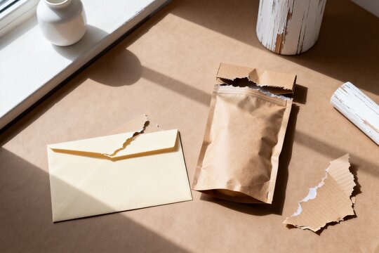 Torn Envelope and Bag on Window Sill with Natural Light