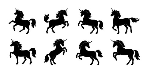 Fototapeta premium Unicorns in Dynamic Poses with Flowing Manes and Tails, Depicted as Black Silhouettes Featuring Unicorn, Silhouette, Pose with Tail and Fantasy