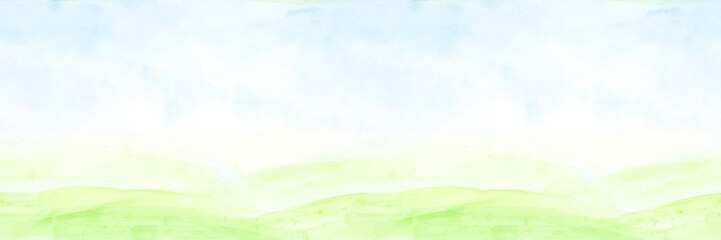 Obraz premium A summer landscape with hills under a blue sky and white clouds. Horizontal seamless border, drawing of meadows and fields, Watercolor illustration. View of green grass and bushes