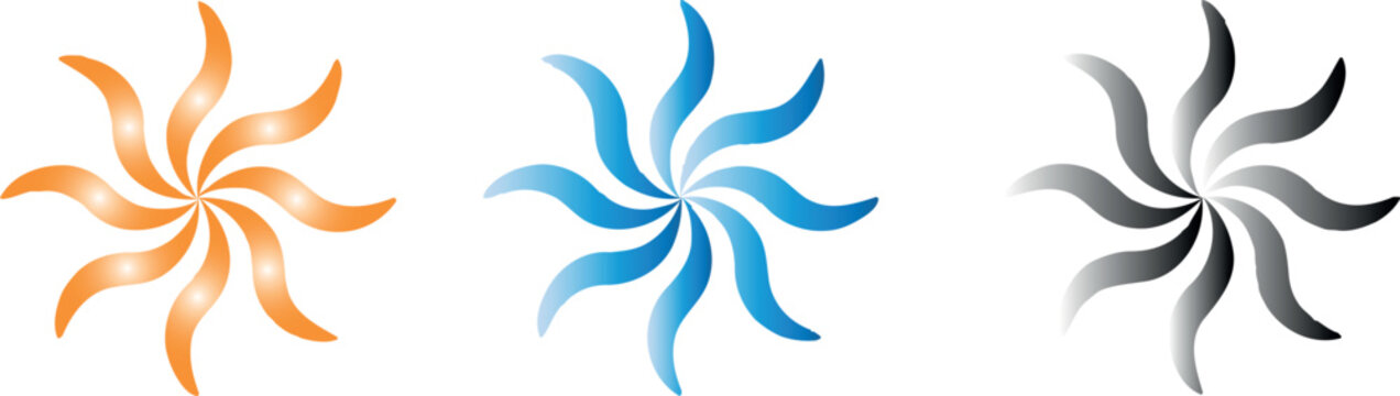 Three abstract swirling starburst in orange, blue, and grayscale gradients