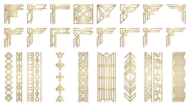 Decorative geometric corner ornaments collection in gold vintage style seamless pattern
