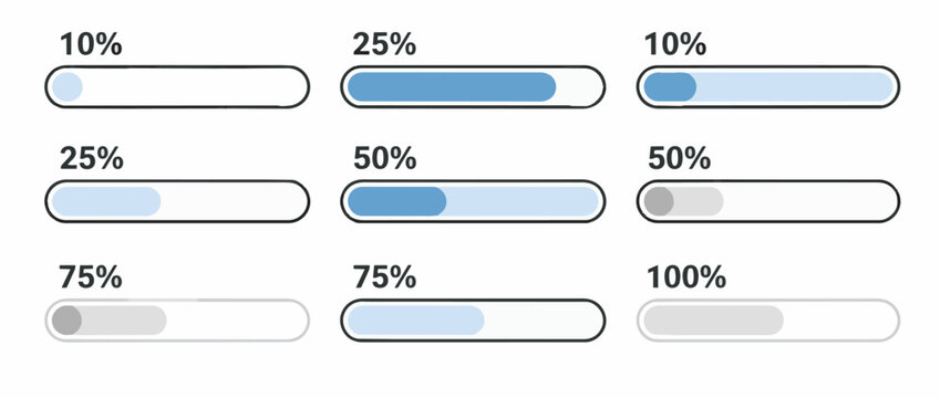 Progress bar set with percentage loading status. UI element vector collection.