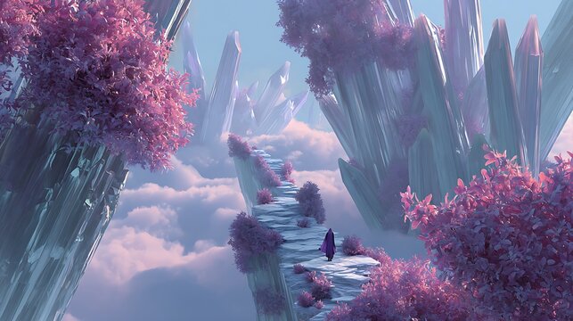 A solitary traveler walks along a stone path suspended in a dreamlike sky filled with massive glowing crystals and lush purple foliage at twilight