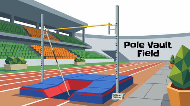 professional pole vault athletics stadium environment with competition field training area and sports championship atmosphere for international events and modern commercial vector illustration design