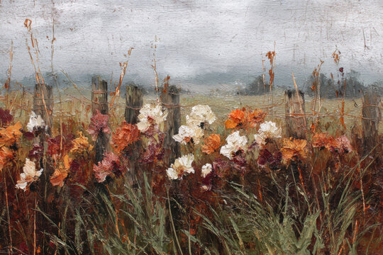 Impressionist style oil painting of flower meadow and rural landscape. Impasto painting. Brush strokes clearly visible