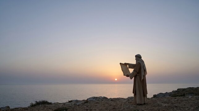 A prophet or apostle in ancient biblical robes standing on a rocky cliff by the sea at sunrise, holding an open parchment scroll to read, New Testament scene.
