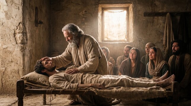 Apostle Paul laying hands on a lifeless young man, possibly Eutychus, to raise him from the dead in a humble room with onlookers, in a New Testament Biblical scene from the Book of Acts.