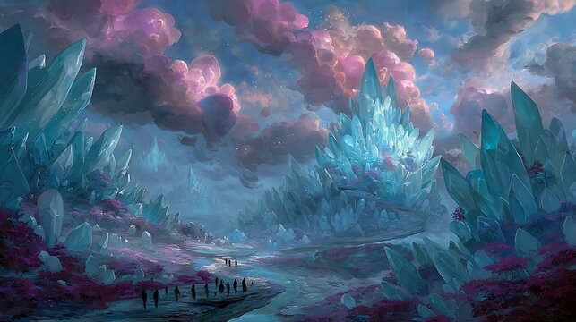 Dreamy fantasy world with floating crystals with pathway leading through crystals purple flowers through field large flowers under sky depicts dreamy