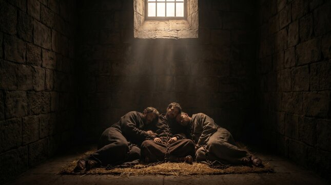 Three chained apostles, including Paul and Silas, sleeping huddled together on straw under light rays from a barred window in a Roman prison, New Testament Biblical scene.