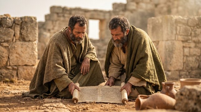 Two disciples, possibly Apostles Paul and Barnabas, kneeling on the ground next to ancient stone ruins to read a holy scripture scroll, in a realistic New Testament Biblical scene.