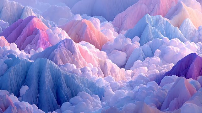 Dreamy fantasy world with floating clouds with pastel colored mountains depicts dreamy landscape heavenly colorful ethereal surreal nature with purple