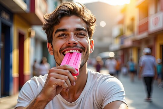 ragazzo che mangia un gelato fucsia 04