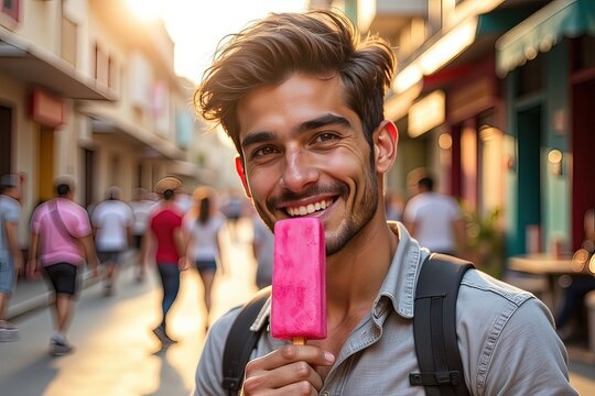 ragazzo che mangia un gelato fucsia 03