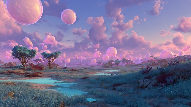 Dreamy fantasy world with luminous orbs floating above a serene landscape with depicts serene fantasy landscape winding stream purple clouds floating