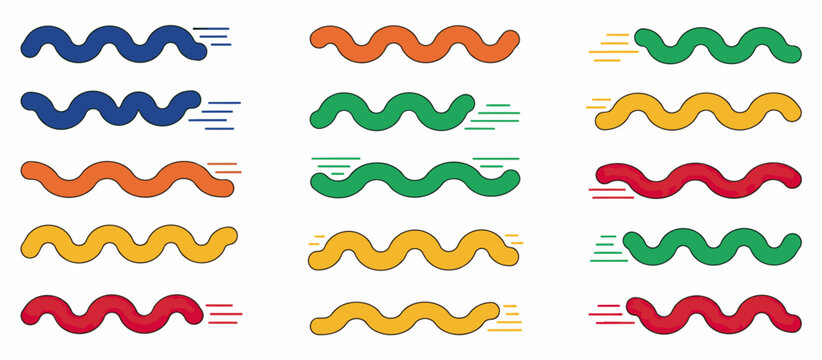 Colorful wavy worm icon set. Fast moving abstract shapes vector collection.
