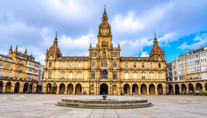 Obraz premium Large ornate building with clock tower and adjacent buildings