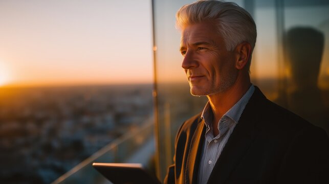 A thoughtful middle-aged man with gray hair gazes out at a sunset from a high-rise building, illuminated by warm golden light