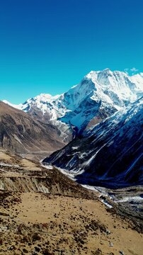Aerial View of Samdo Peak and Glacier Valley from Manaslu Circuit Trail Between Samdo and Dharamsala, Nepal