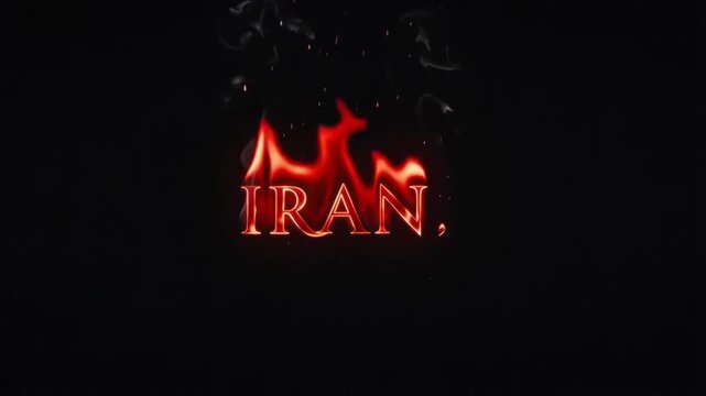 Iran text typography glowing with intense orange flames and rising wisps of white smoke in a cinematic motion video animation sequence showcasing stylized lettering against a deep black background des