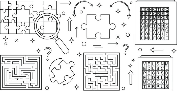 Logic puzzles and brain teaser line icon set featuring jigsaw maze crossword search magnifying glass and strategy elements