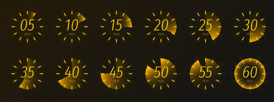 Modern stopwatch and timer graphic design for tracking minutes and seconds, realistic vector digital clock display isolated on transparent background. Neon yellow countdown icons for digital interface