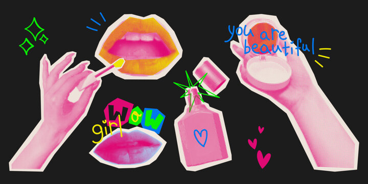 Y2K collage pop art, retro girl mouth with lip gloss, halftone hand with make up blush, perfume and hearts. Vector punk doodle elements in pink tones for social media design isolated on background