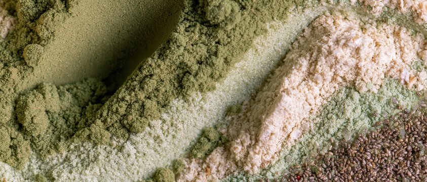 Spirulina powder and layered oat flour with tiny chia seeds creating a tactile earthy surface for plant-based nutrition and wellness branding