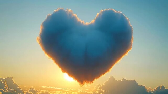 Two heart shaped clouds morphing and merging into one at sunset. Cinematic sky timelapse of love concept, Valentine's Day romance, wedding background, or dreamcore surreal atmosphere.