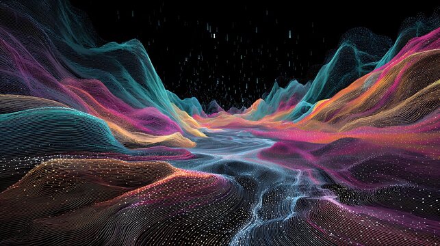 Abstract digital landscape featuring vibrant neon wave patterns and glowing particle lines creating a futuristic cybernetic mountainous terrain view