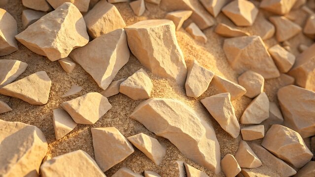 Extreme macro close-up of dry beige crushed stones and sand texture in warm golden hour sunlight lighting