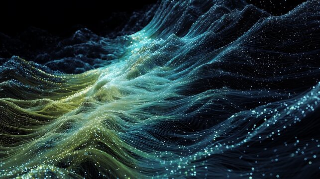 Abstract digital landscape featuring glowing fiber optic strands creating dynamic flowing waves of light against a deep black background atmosphere