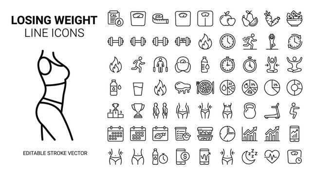 Set of losing weight line icons fitness, diet, healthy lifestyle, exercise, nutrition, and body care