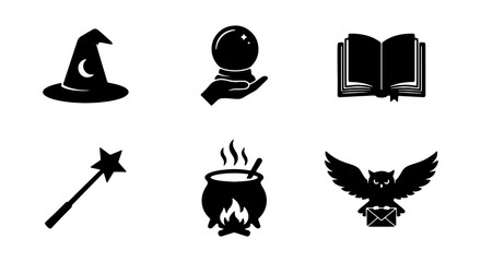 Magic Icons Set: Wizard Hat, Crystal Ball, Spell Book, Wand, Cauldron, Owl © Hamidul
