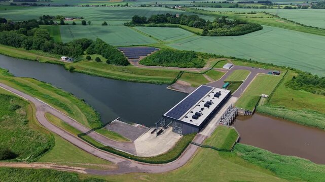 High-angle aerial drone view looking down at the St Germans Pumping Station near King's Lynn