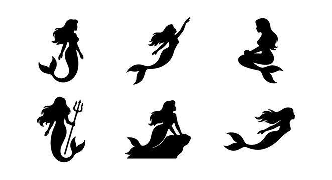 Mermaid Silhouettes Collection: Mythical Sea Creatures, Fantasy Icons, Aquatic Legends, Vector Art