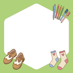 Fototapeta premium Cute hexagon text frame background template with vintage school shoes and heart socks