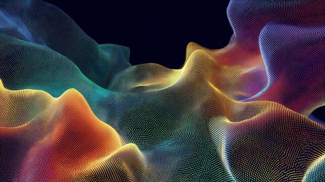 Vibrant multicolored wave pattern with glowing dots on dark background with pattern composed tiny shades orange yellow purple set against yellow green blue