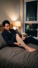 Fototapeta premium Asian male sitting on bed applying compression bandage to leg in cozy bedroom with lamp