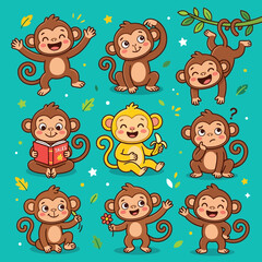 Naklejka premium Collection of Nine Cute Cartoon Monkeys in Various Poses