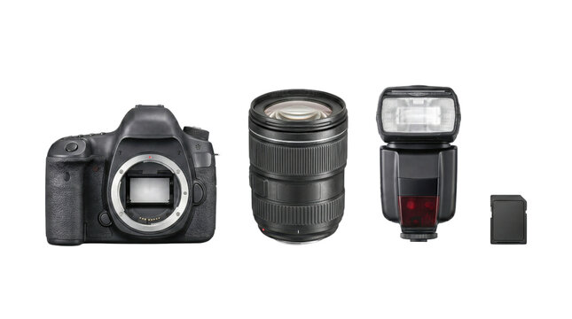 Front display of digital dslr camera body with lens speedlight flash and sd card isolated on transparent background.
