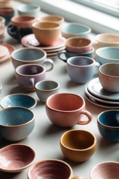 Many colorful ceramic cups and saucers arranged on table. Handmade pottery collection for kitchen and dining. Artisanal clay vessel for coffee or tea shop interior background.