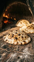 Obraz premium Freshly baked flatbreads inside traditional stone oven with charred crust