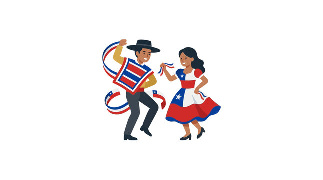 Chilean couple dancing Cueca in traditional costume, national celebration