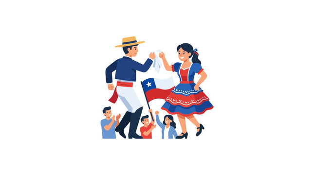 Chilean Couple Dancing Cueca with Flag, Celebrating National Holiday